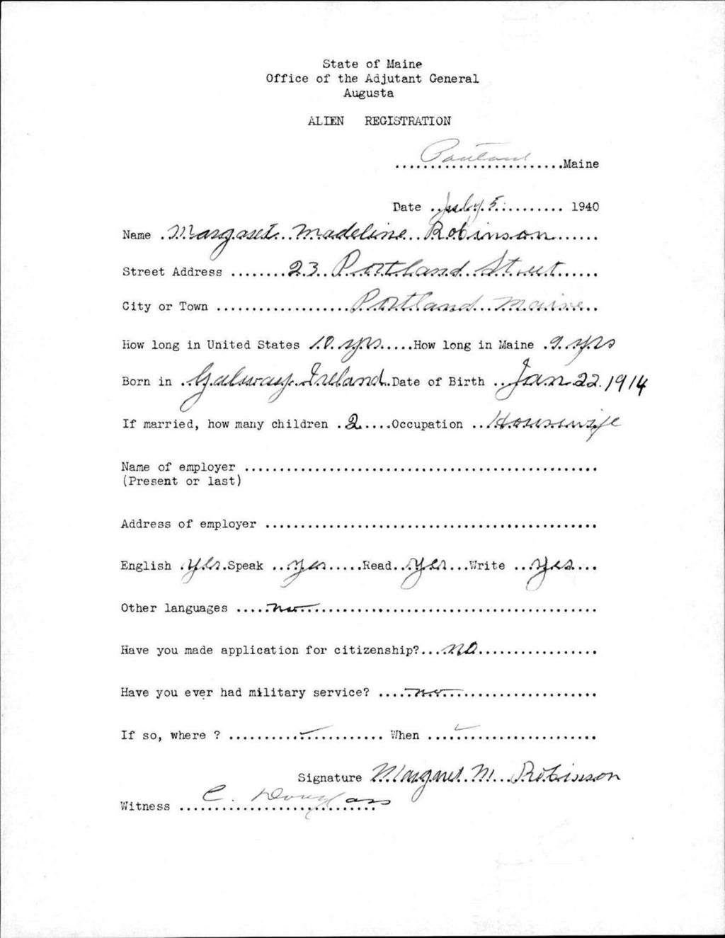 Miniature of Alien Registration- Robinson, Margaret M. (Portland, Cumberland County)