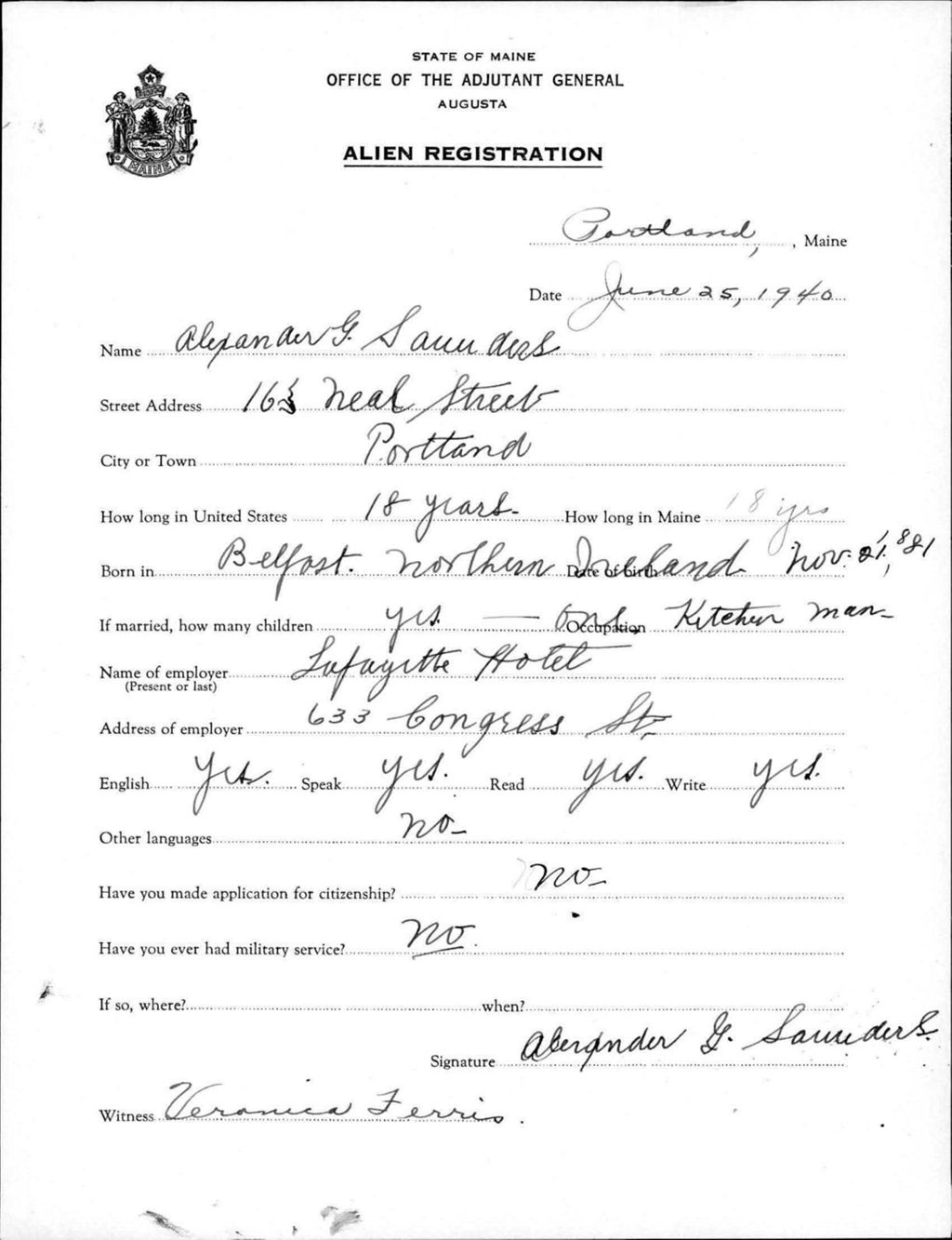 Miniature of Alien Registration- Saunders, Alexander G. (Portland, Cumberland County)