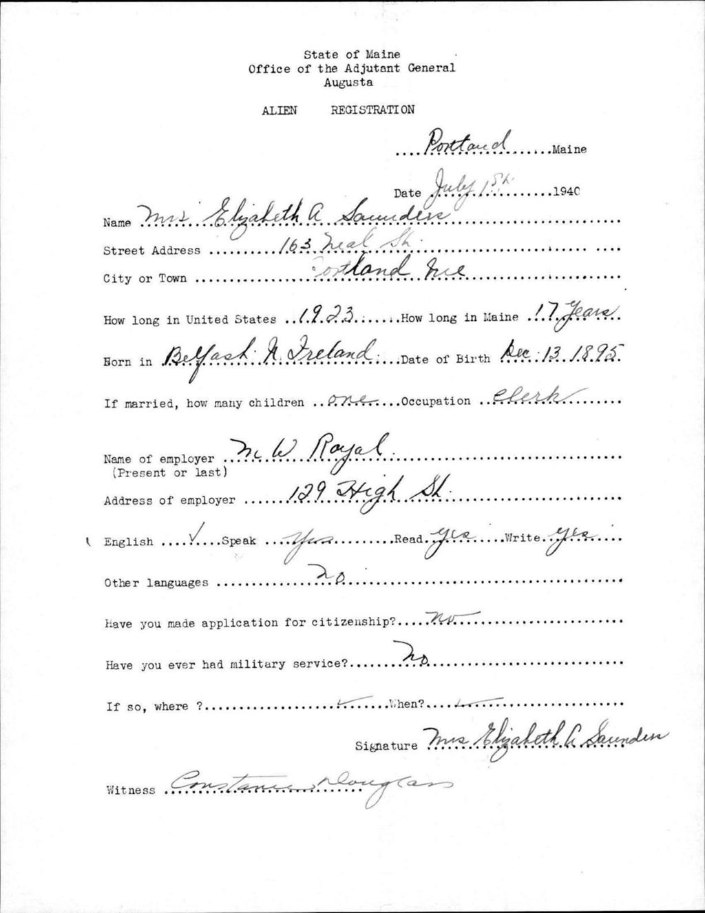 Miniature of Alien Registration- Saunders, Elizabeth A. (Portland, Cumberland County)