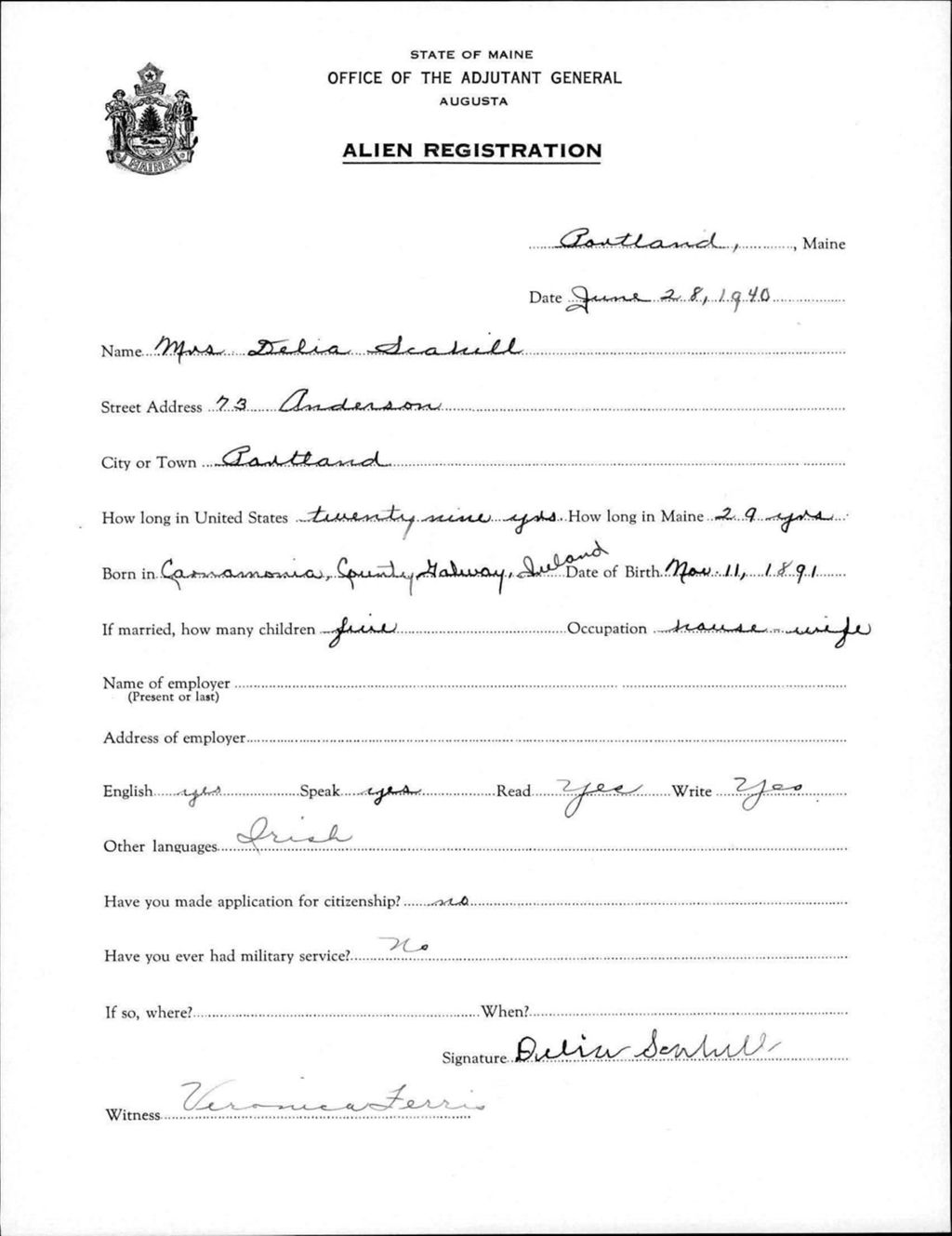 Miniature of Alien Registration- Scahill, Delia (Portland, Cumberland County)