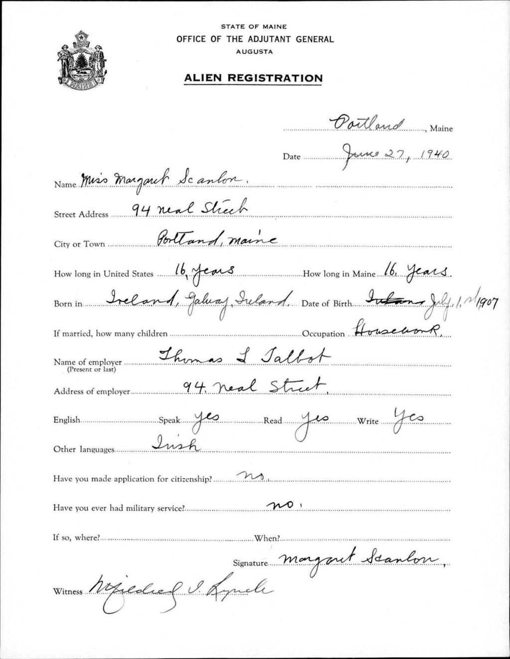 Miniature of Alien Registration- Scanlon, Margaret (Portland, Cumberland County)