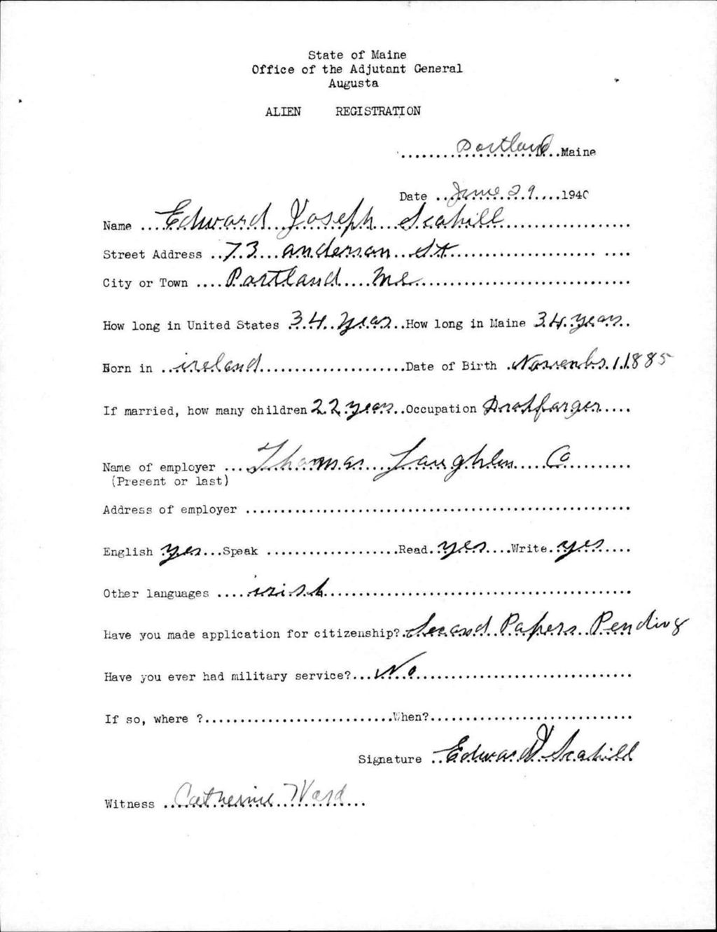 Miniature of Alien Registration- Scahill, Edward J. (Portland, Cumberland County)
