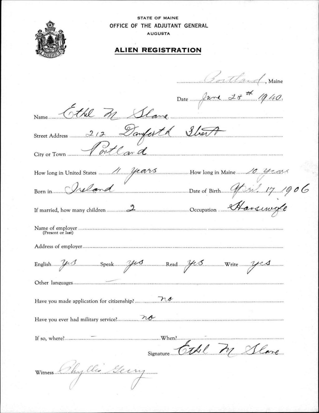Miniature of Alien Registration- Slane, Ethel M. (Portland, Cumberland County)