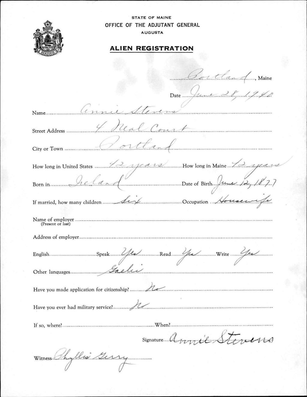 Miniature of Alien Registration- Stevens, Annie (Portland, Cumberland County)