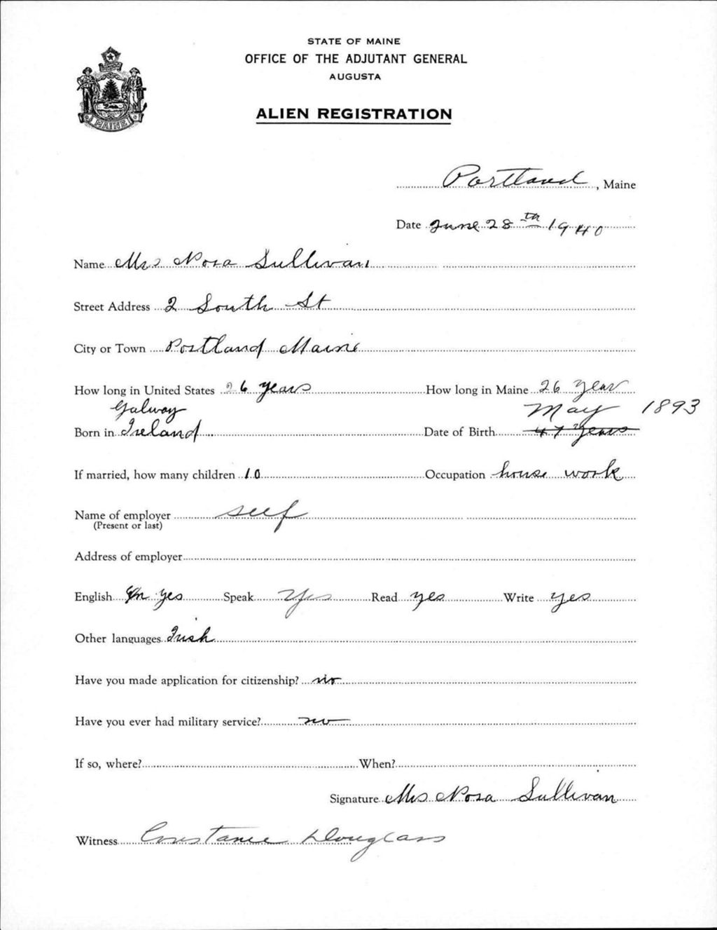 Miniature of Alien Registration- Sullivan, Nora (Portland, Cumberland County)