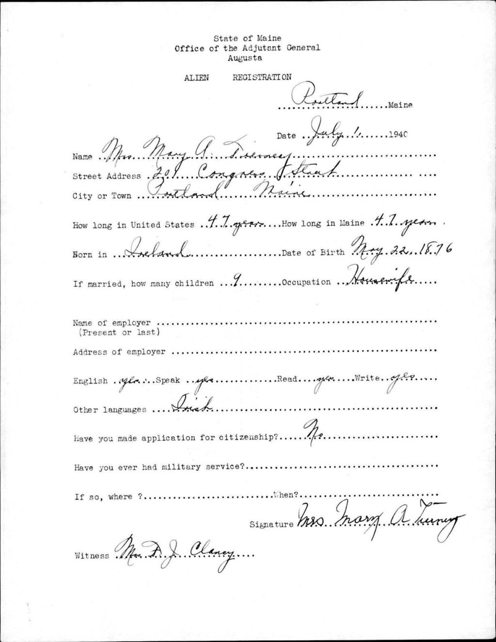Miniature of Alien Registration- Tierney, Mary A. (Portland, Cumberland County)