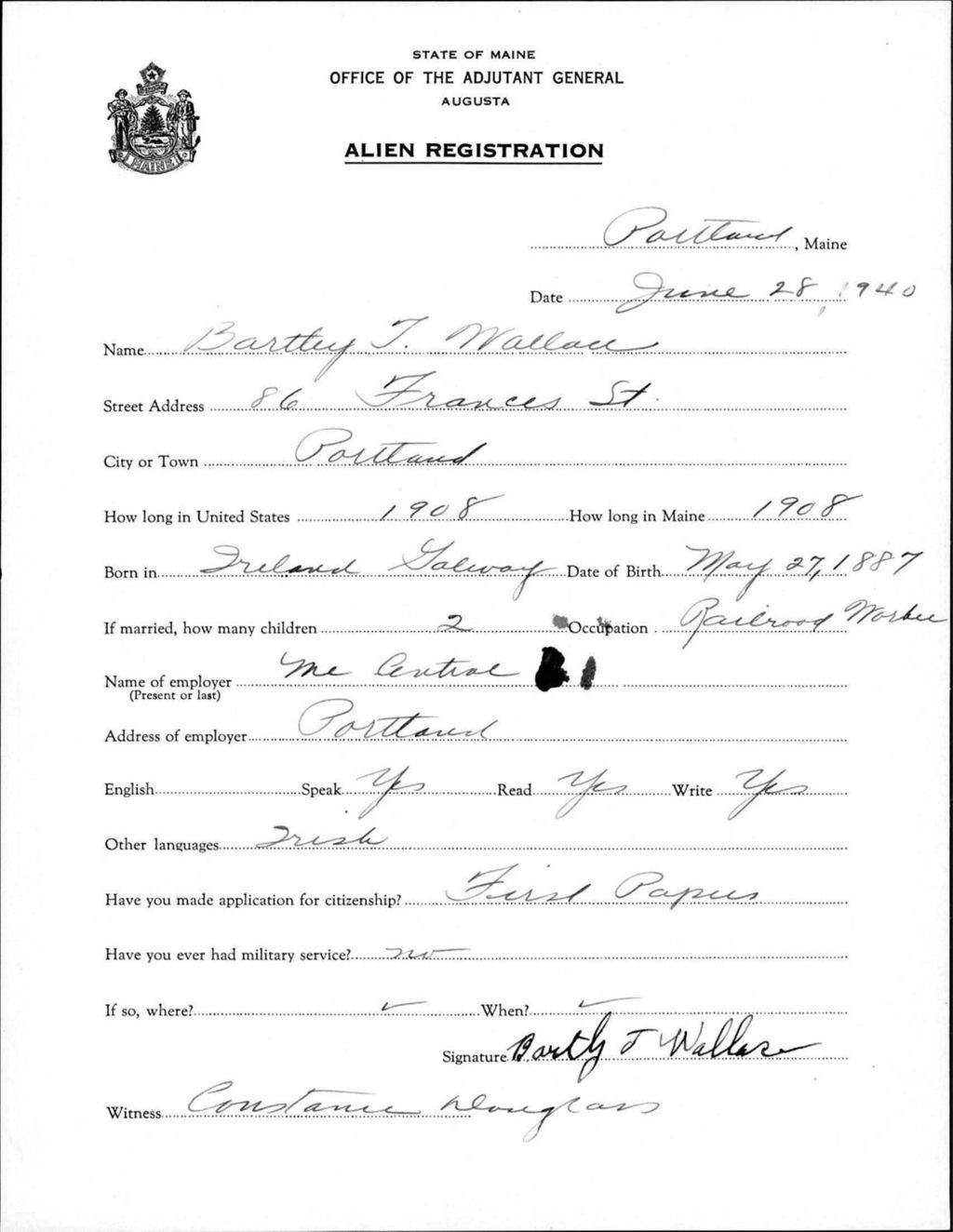 Miniature of Alien Registration- Wallace, Bartley T. (Portland, Cumberland County)