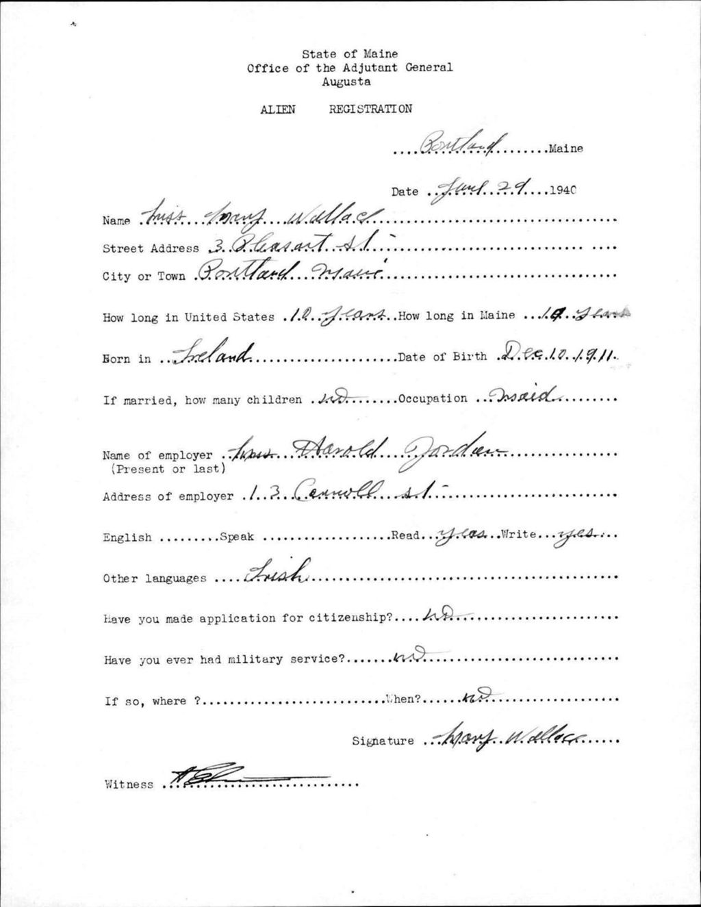 Miniature of Alien Registration- Wallace, Mary (Portland, Cumberland County)