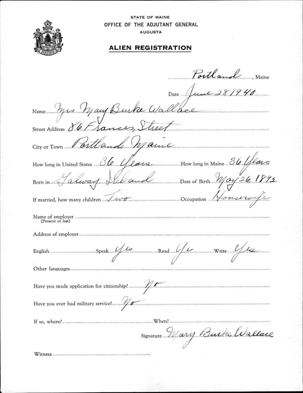 Miniature of Alien Registration- Burke, Mary (Portland, Cumberland County)