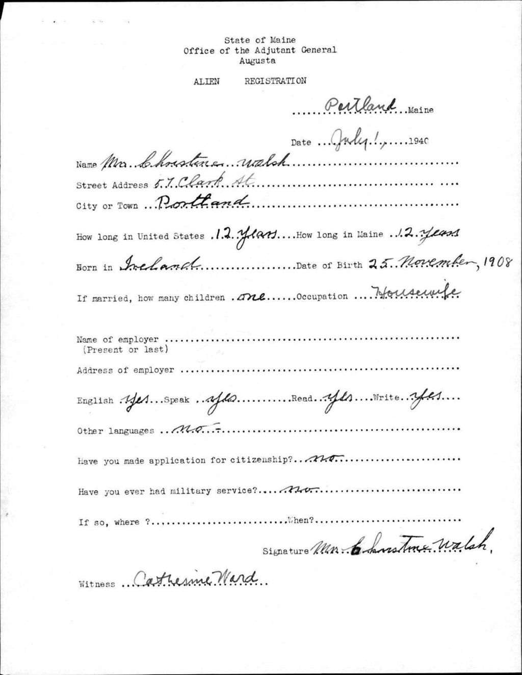 Miniature of Alien Registration- Walsh, Christine (Portland, Cumberland County)
