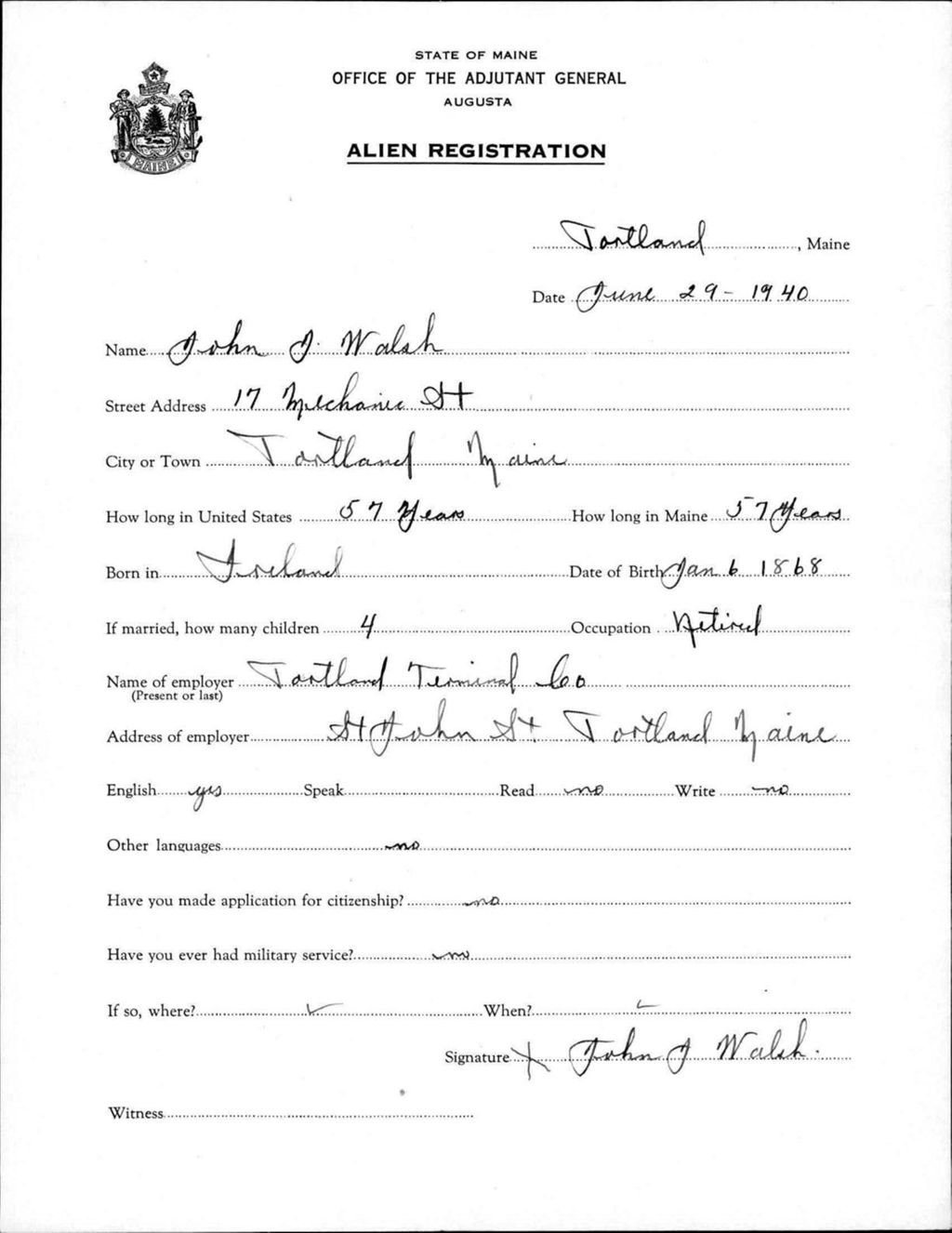 Miniature of Alien Registration- Walsh, John J. (Portland, Cumberland County)