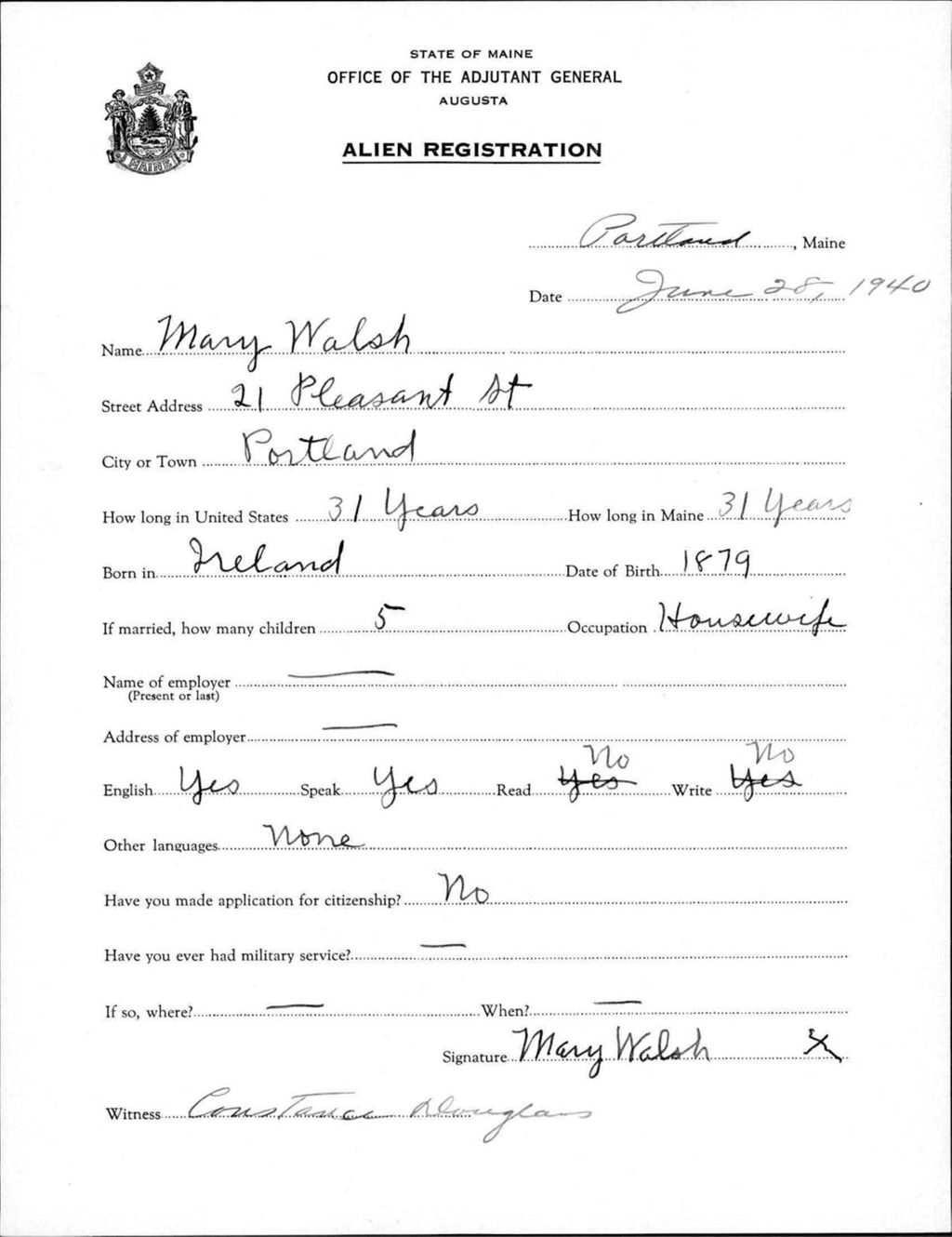 Miniature of Alien Registration- Walsh, Mary (Portland, Cumberland County)