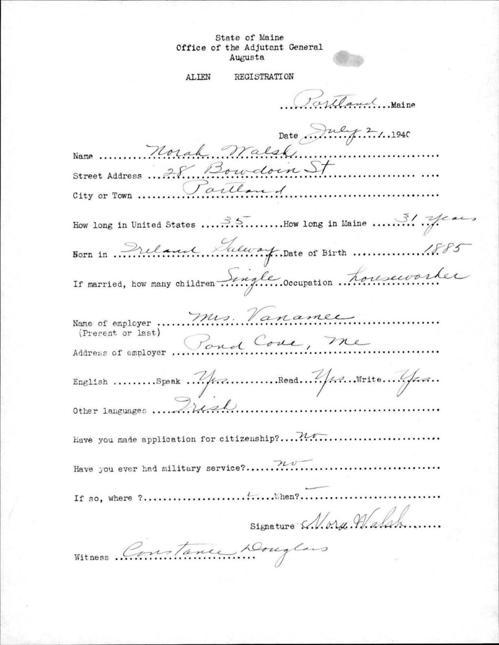 Miniature of Alien Registration- Walsh, Norah (Portland, Cumberland County)