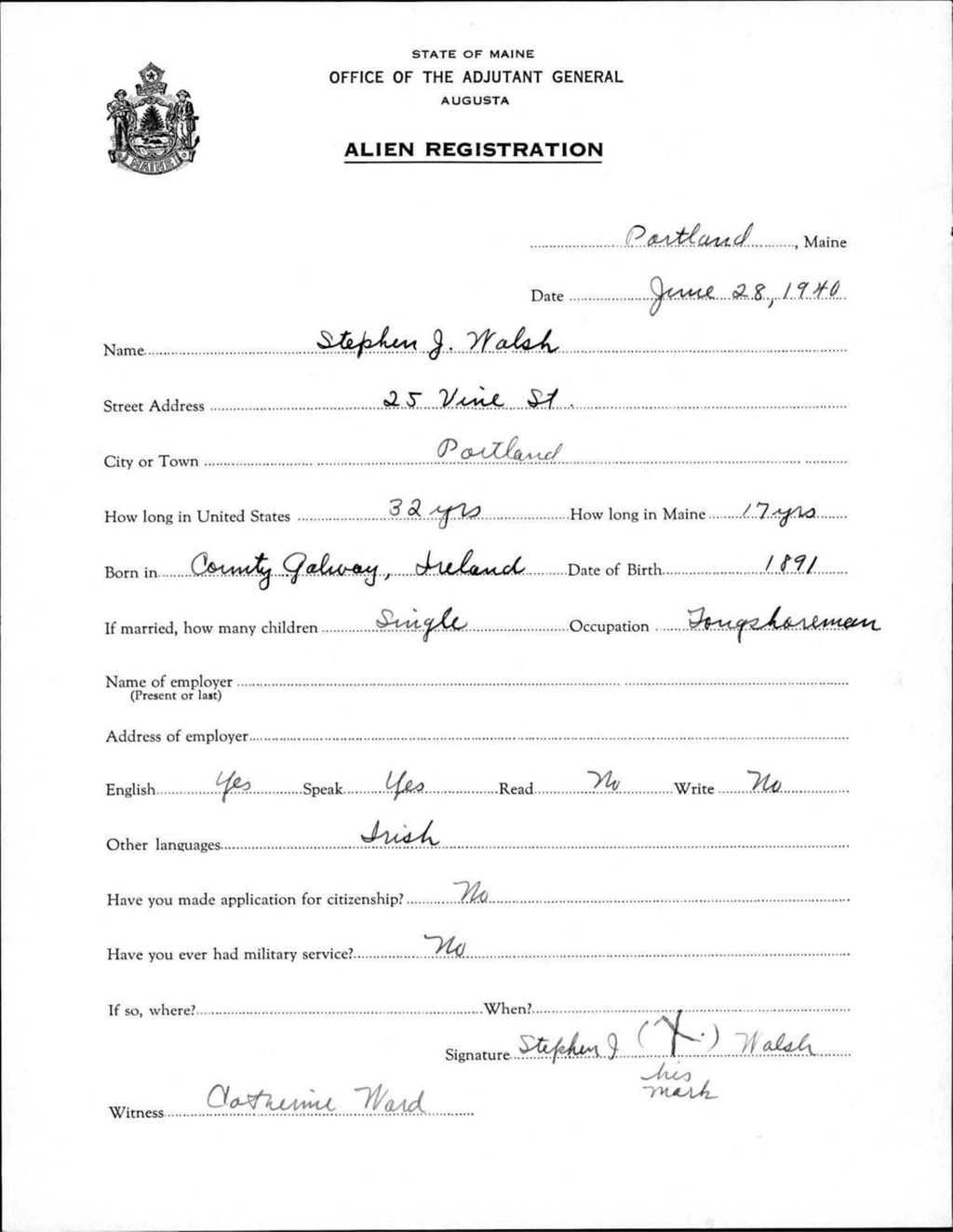 Miniature of Alien Registration- Walsh, Stephen J. (Portland, Cumberland County)