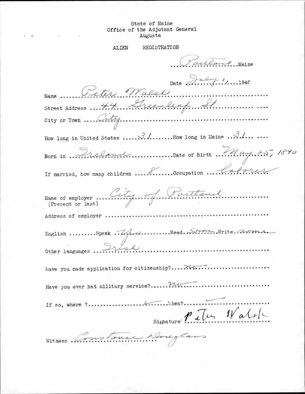 Miniature of Alien Registration- Walsh, Peter (Portland, Cumberland County)