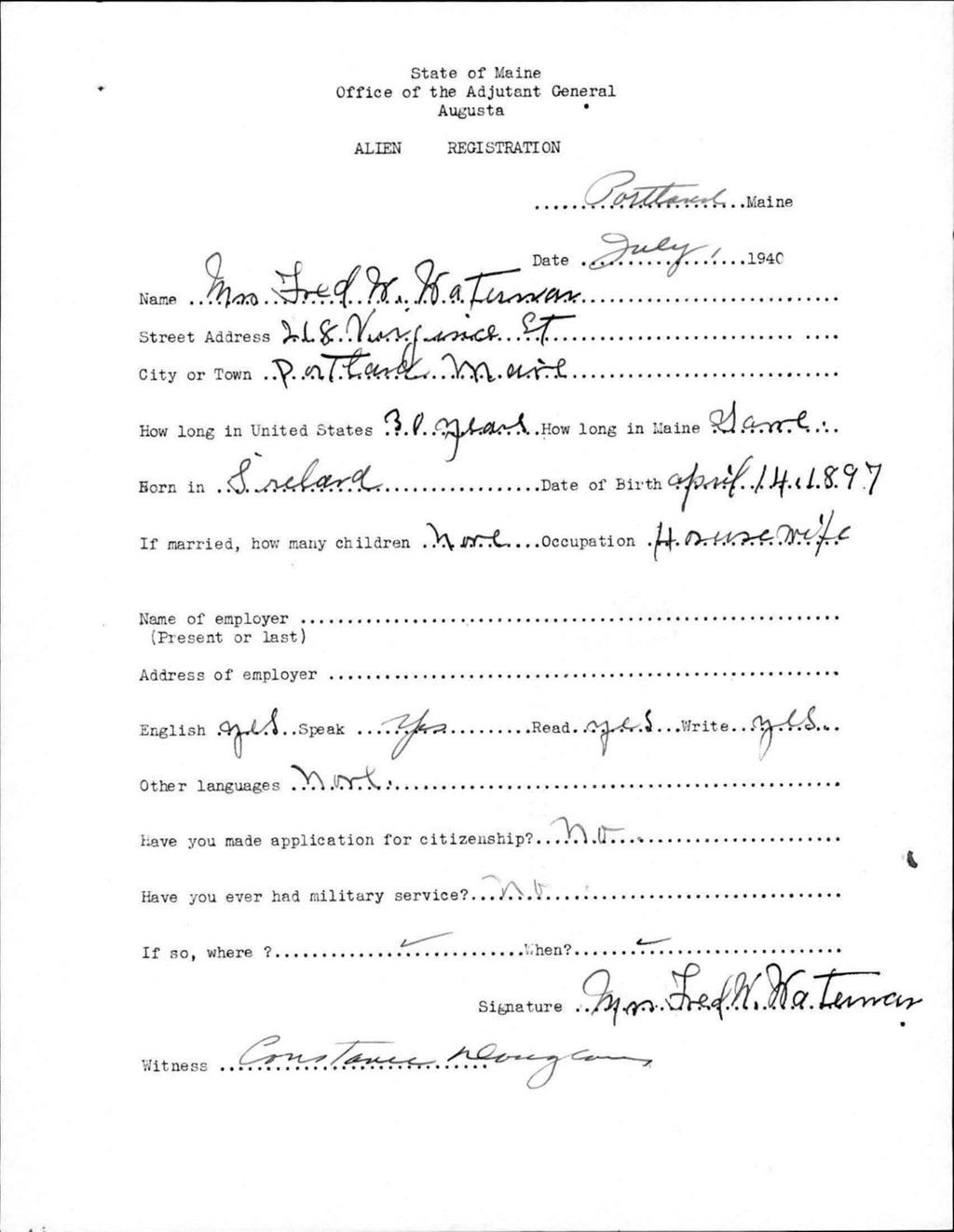 Miniature of Alien Registration- Waterman, Fred W. (Portland, Cumberland County)