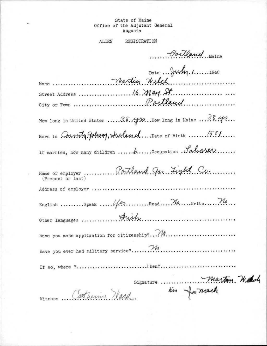 Miniature of Alien Registration- Welch, Martin (Portland, Cumberland County)