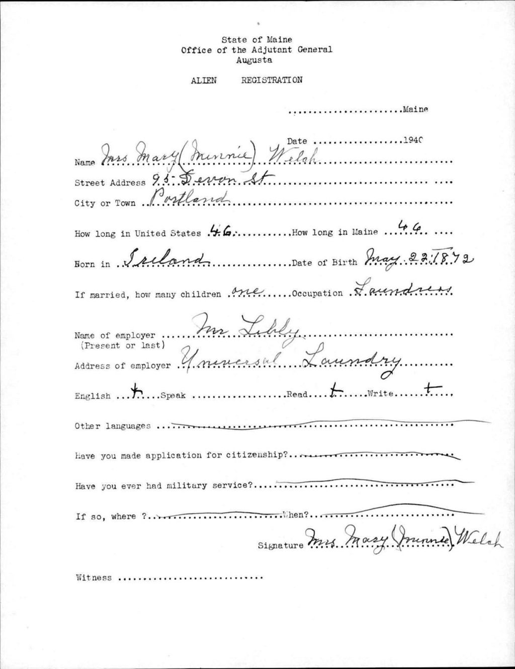 Miniature of Alien Registration- Welch, Mary (Minnie) (Portland, Cumberland County)