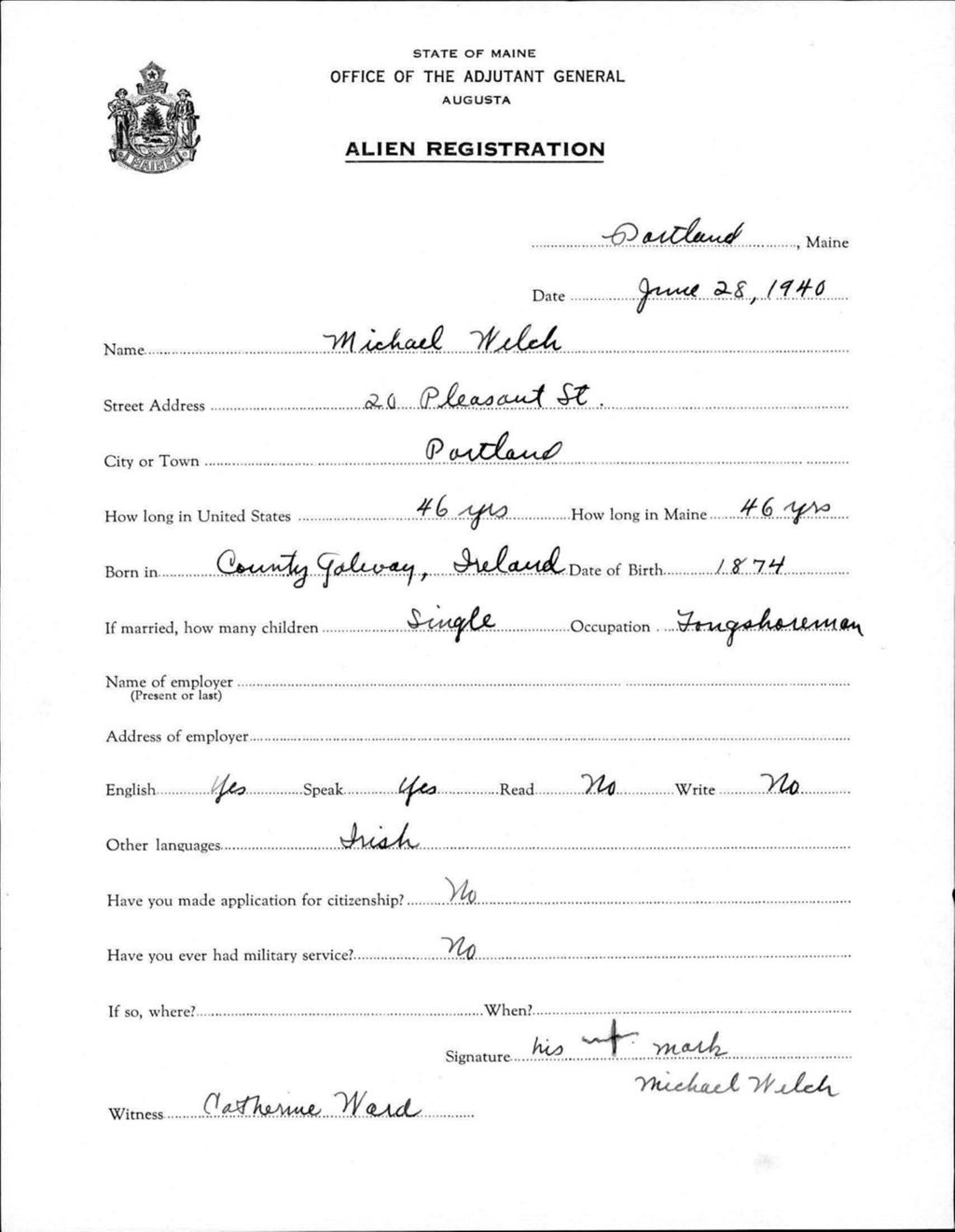 Miniature of Alien Registration- Welch, Michael (Portland, Cumberland County)