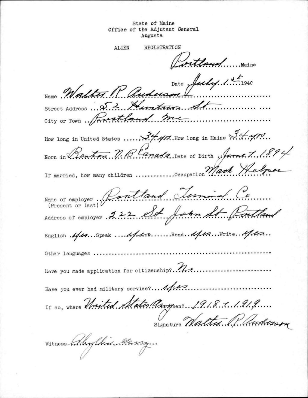 Miniature of Alien Registration- Anderson, Walter R. (Portland, Cumberland County)
