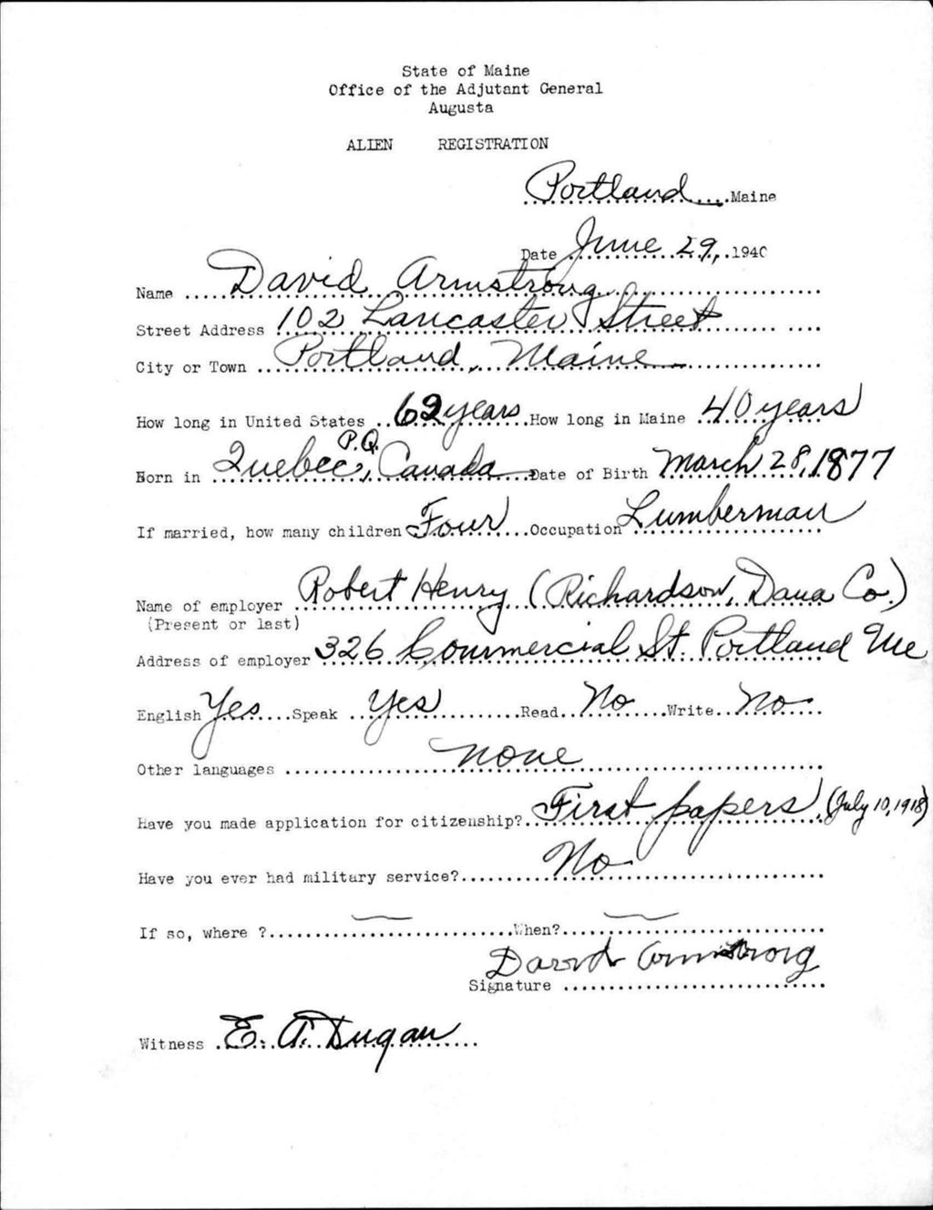 Miniature of Alien Registration- Armstrong, David (Portland, Cumberland County)