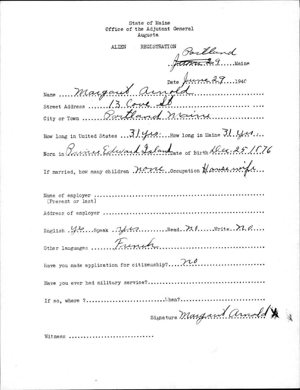 Miniature of Alien Registration- Arnold, Margaret (Portland, Cumberland County)