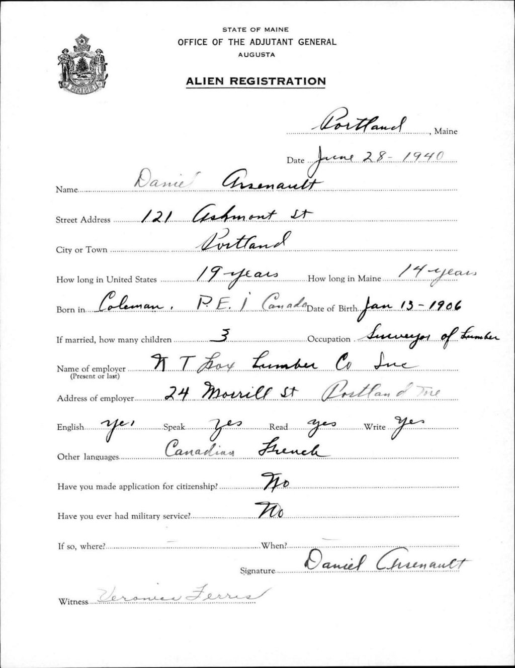 Miniature of Alien Registration- Arsenault, Daniel (Portland, Cumberland County)