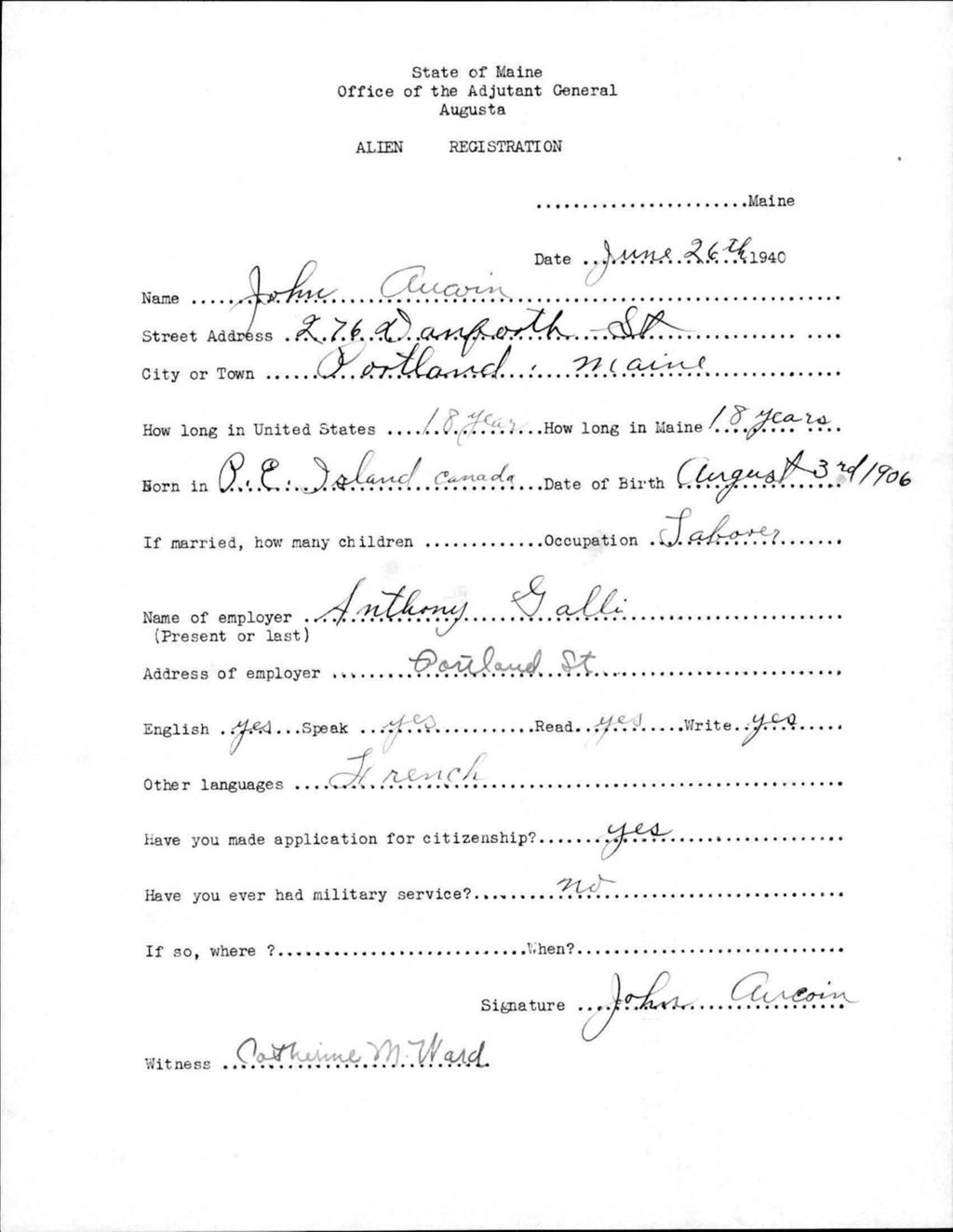 Miniature of Alien Registration- Aucoin, John (Portland, Cumberland County)
