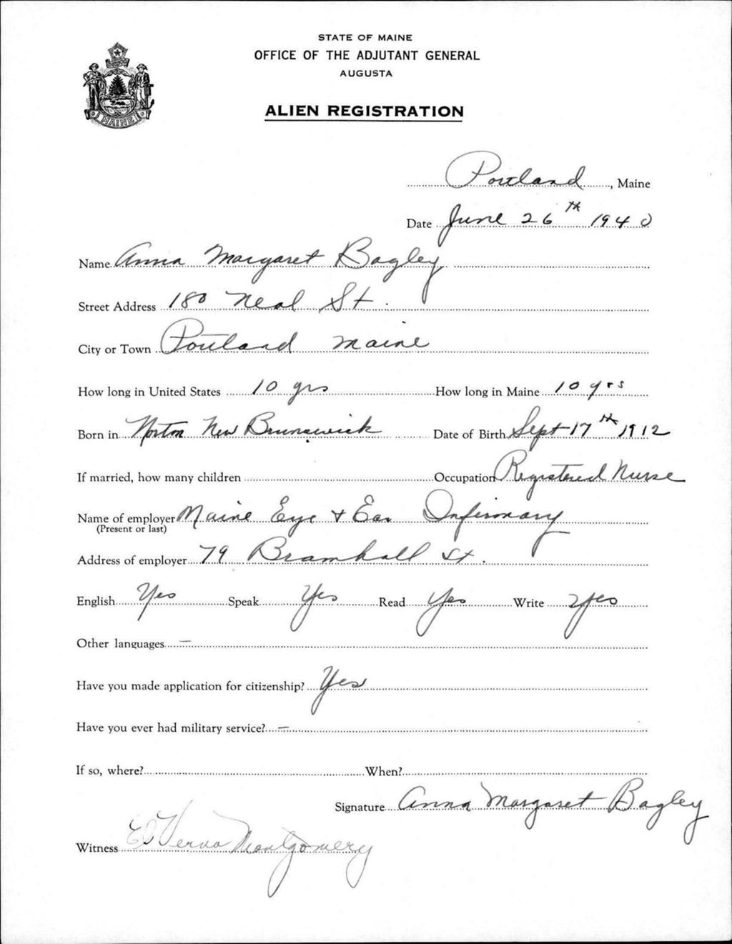 Miniature of Alien Registration- Bagley, Anna M. (Portland, Cumberland County)