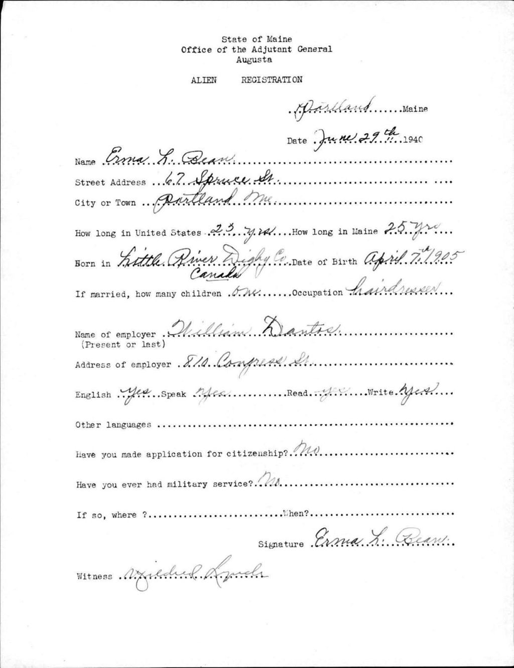 Miniature of Alien Registration- Bean, Erma L. (Portland, Cumberland County)
