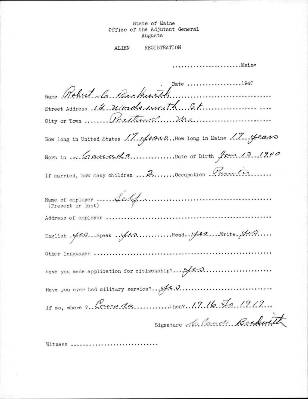 Miniature of Alien Registration- Beckwith, Robert C. (Portland, Cumberland County)