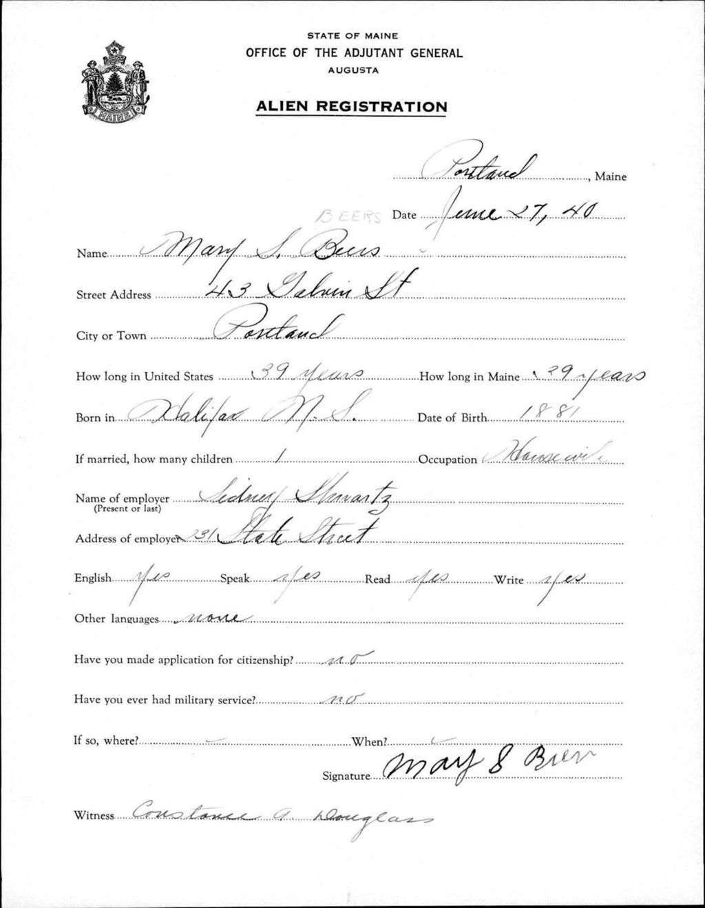 Miniature of Alien Registration- Beers, Mary S. (Portland, Cumberland County)