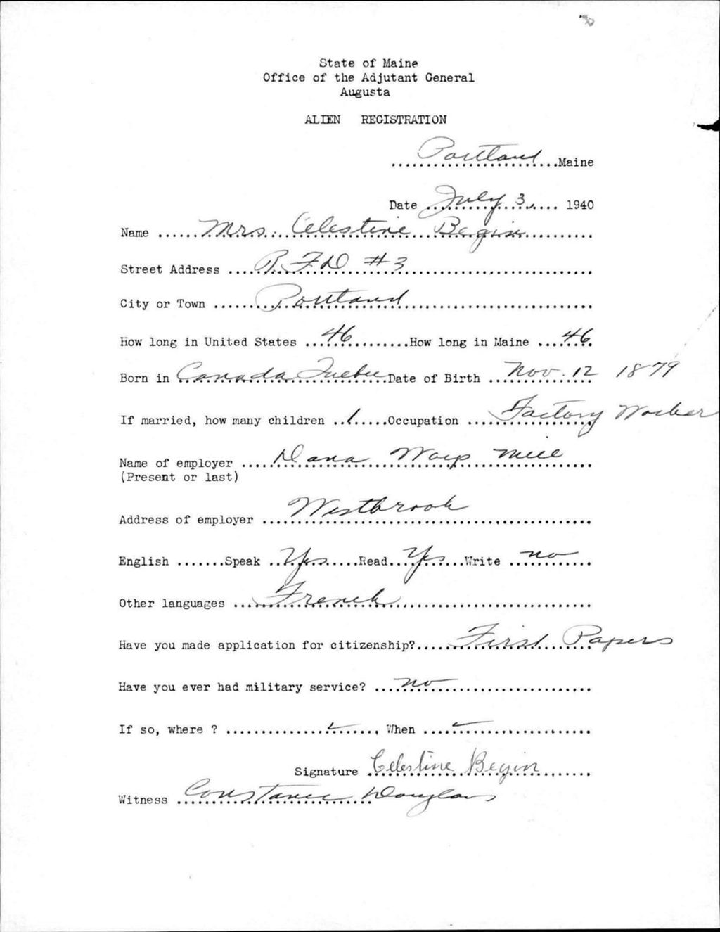 Miniature of Alien Registration- Begin, Celestine (Portland, Cumberland County)