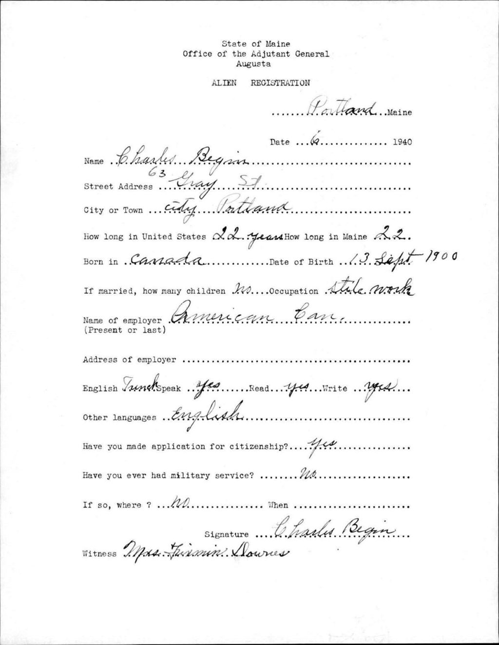 Miniature of Alien Registration- Begin, Charles (Portland, Cumberland County)