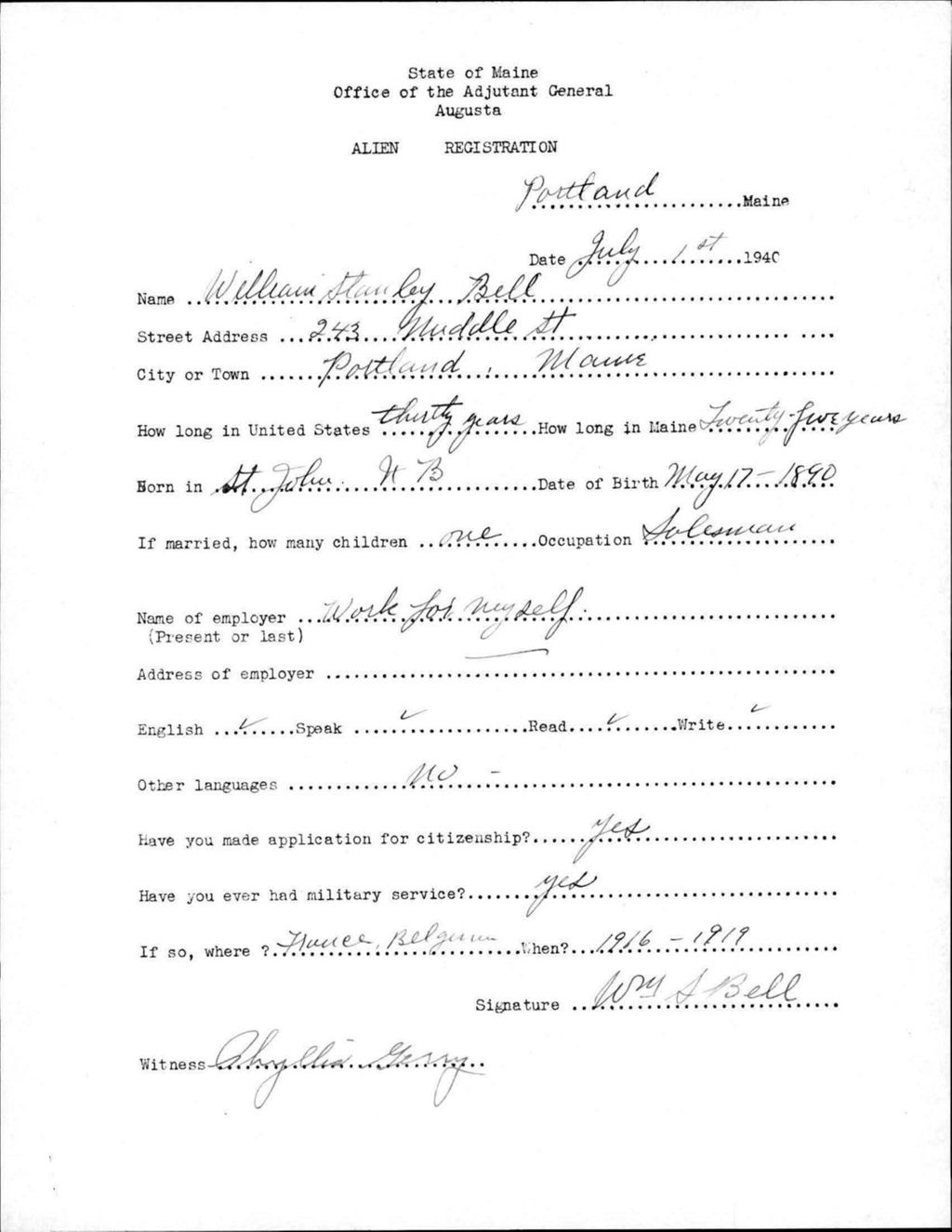 Miniature of Alien Registration- Bell, William S. (Portland, Cumberland County)