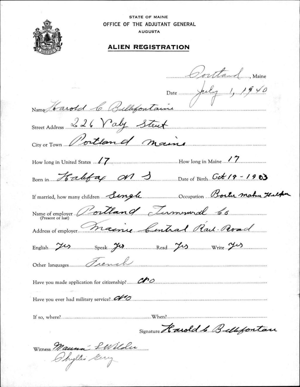 Miniature of Alien Registration- Bellefontaine, Harold C. (Portland, Cumberland County)