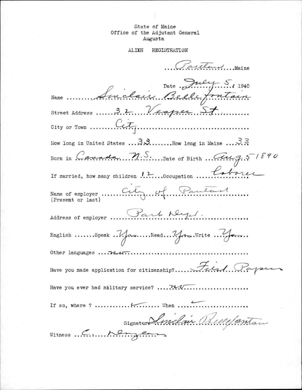 Miniature of Alien Registration- Bellefontaine, Sinclair (Portland, Cumberland County)