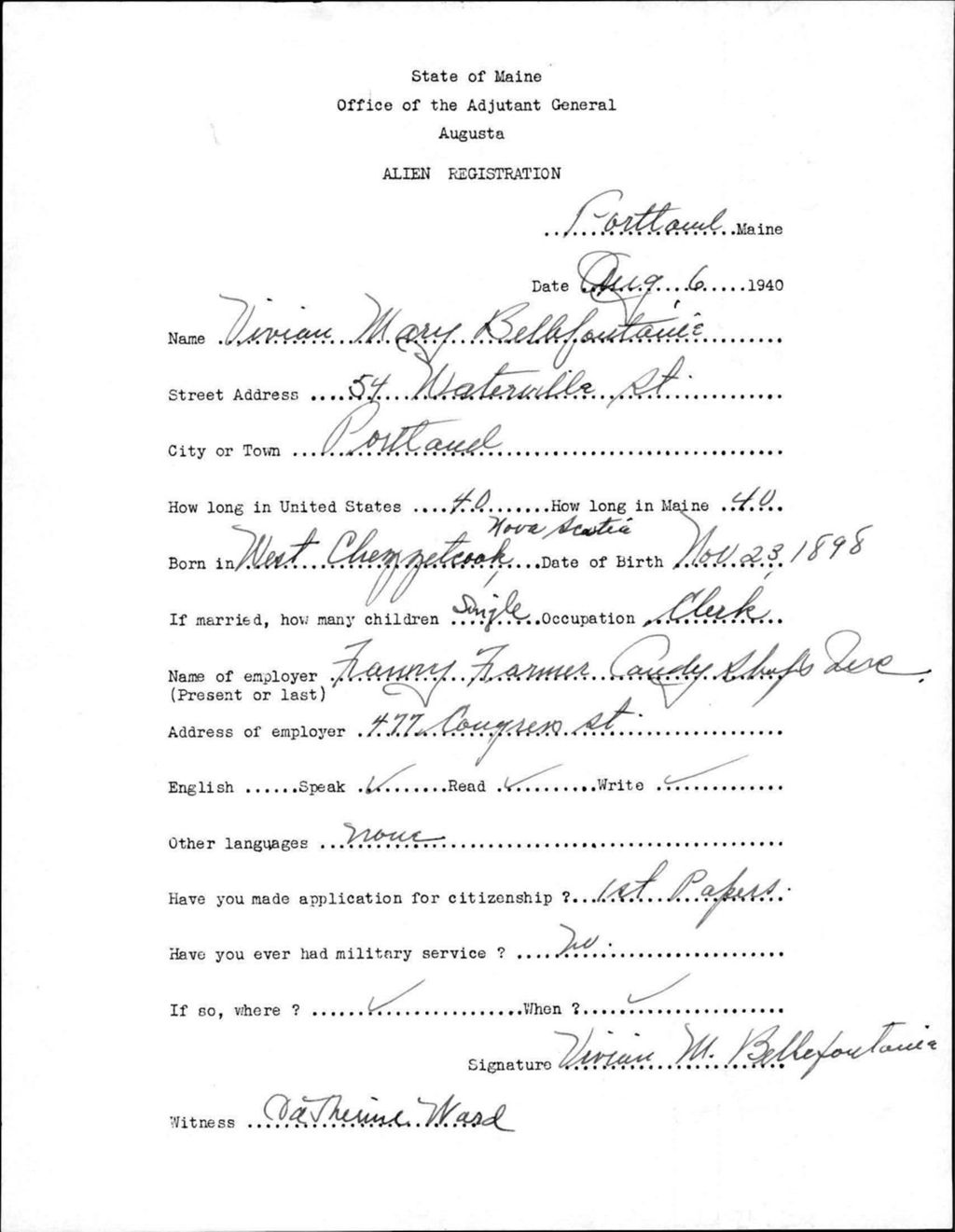 Miniature of Alien Registration- Bellefontaine, Vivian M. (Portland, Cumberland County)