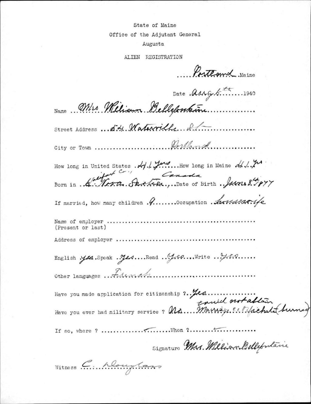 Miniature of Alien Registration- Bellefontaine, William (Portland, Cumberland County)
