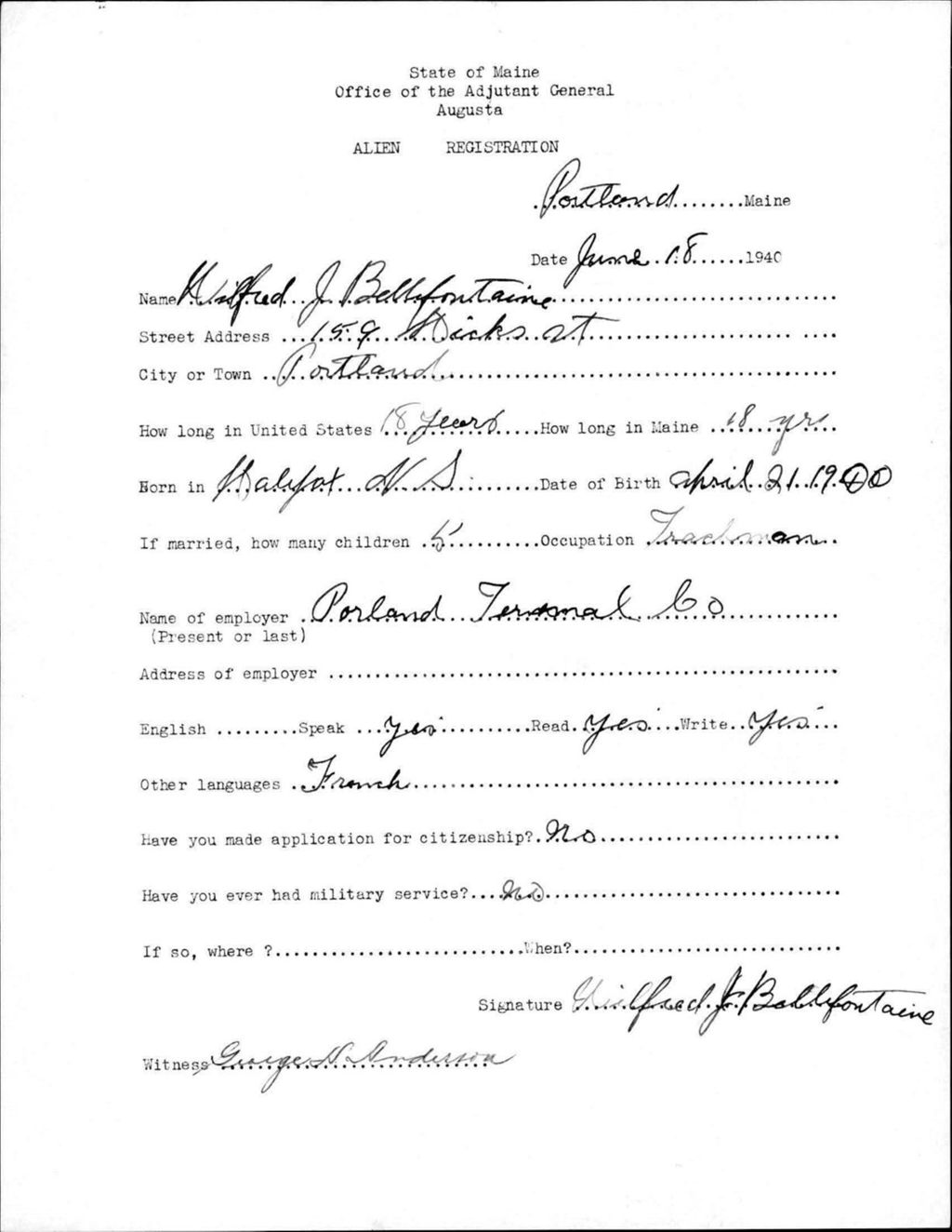 Miniature of Alien Registration- Bellefontaine, Wilfred J. (Portland, Cumberland County)
