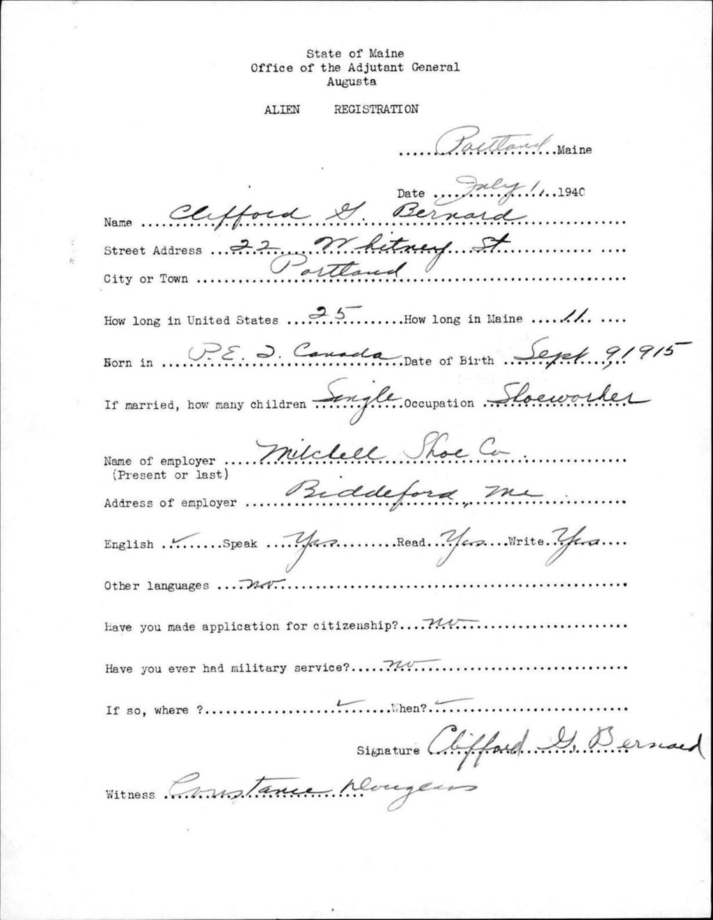 Miniature of Alien Registration- Bernard, Clifford G. (Portland, Cumberland County)
