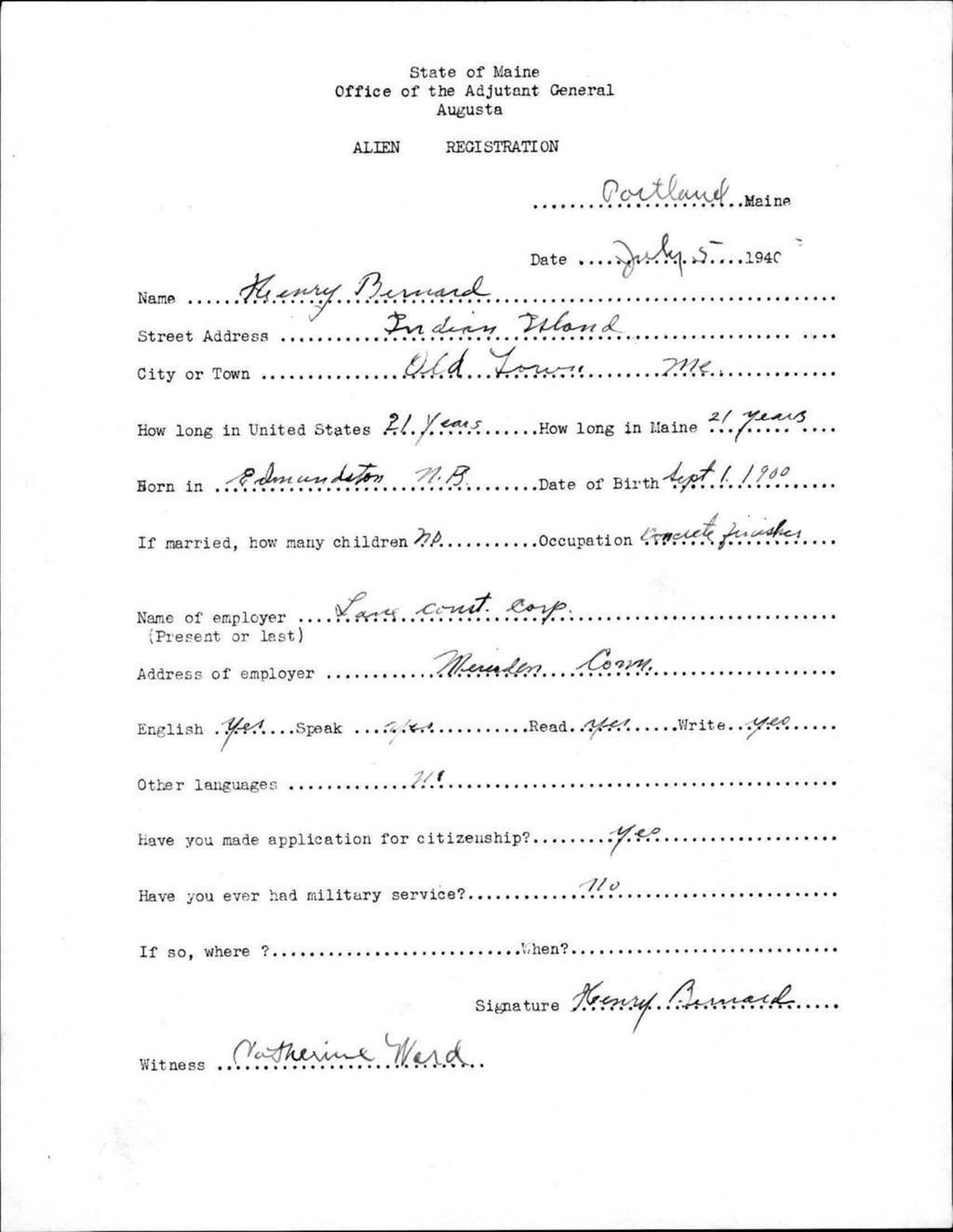 Miniature of Alien Registration- Bernard, Henry (Portland, Cumberland County)