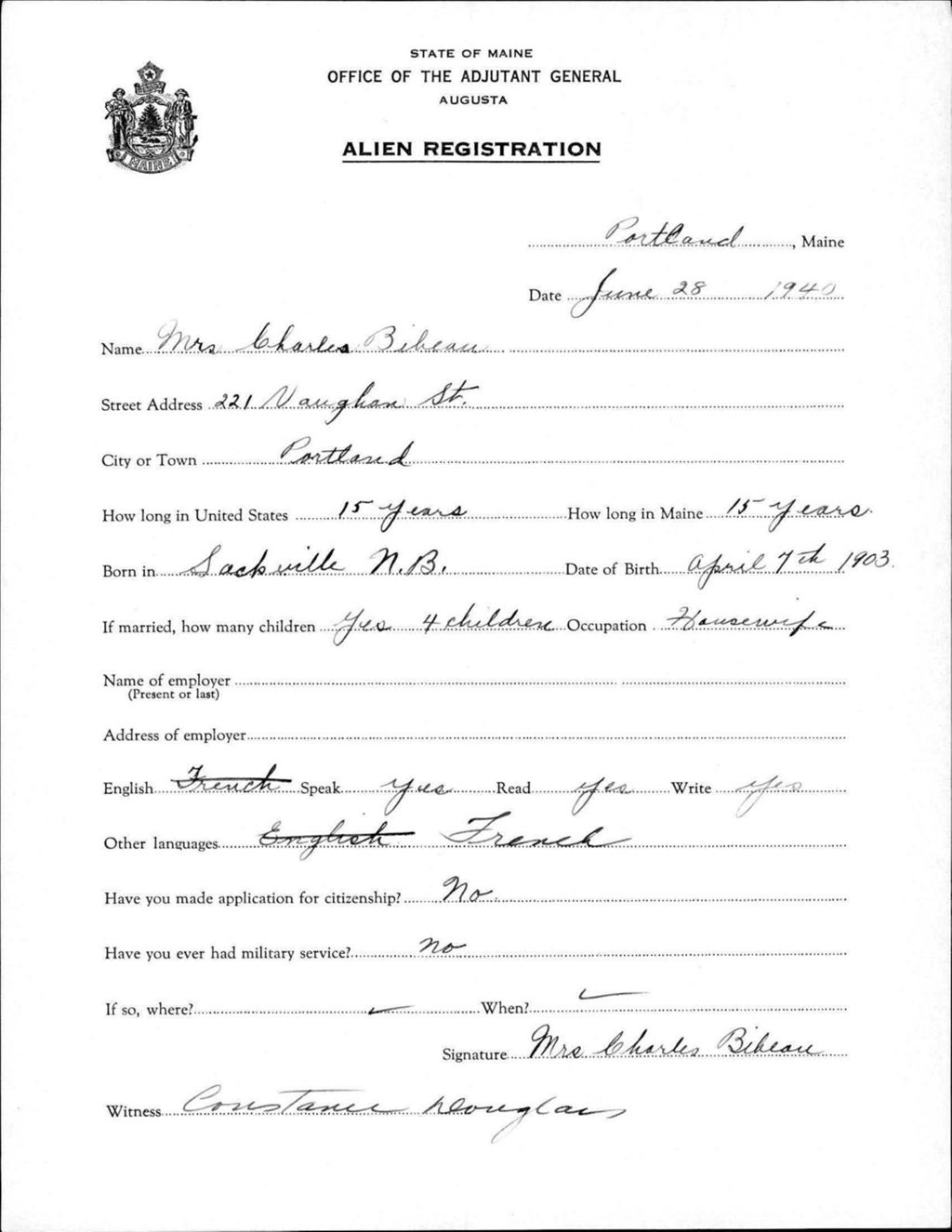 Miniature of Alien Registration- Bibeau, Charles (Portland, Cumberland County)