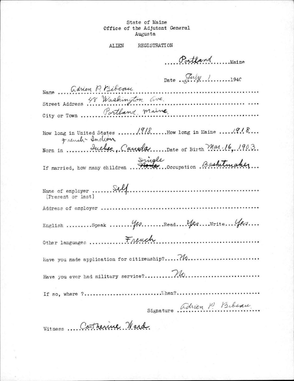 Miniature of Alien Registration- Bibeau, Adrien P. (Portland, Cumberland County)