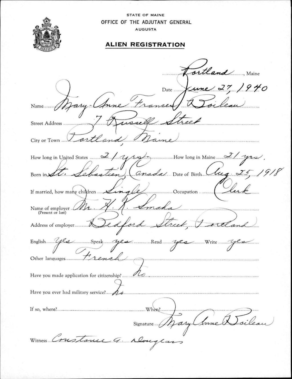 Miniature of Alien Registration- Boileau, Mary-Anne F. (Portland, Cumberland County)