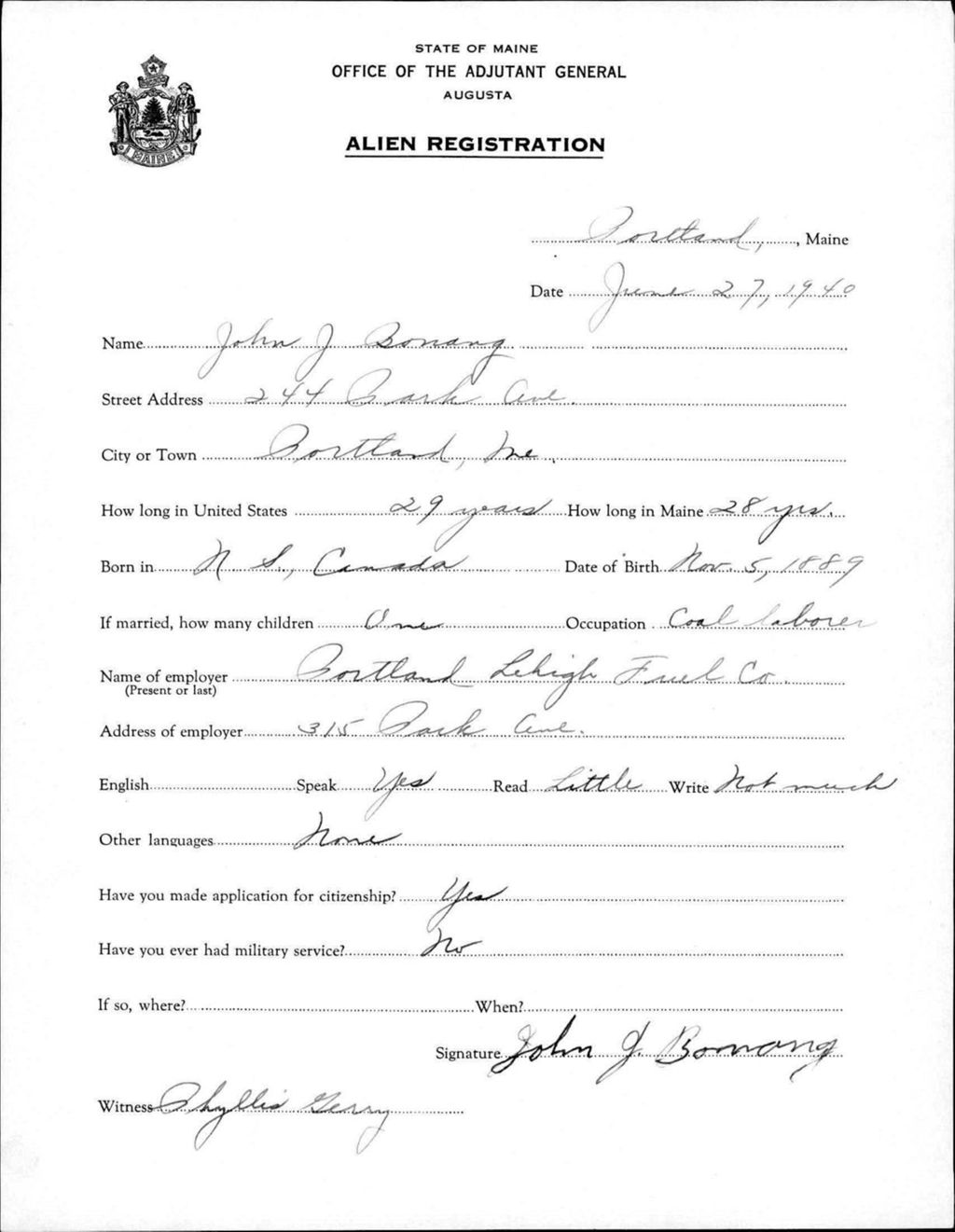 Miniature of Alien Registration- Bonang, John J. (Portland, Cumberland County)