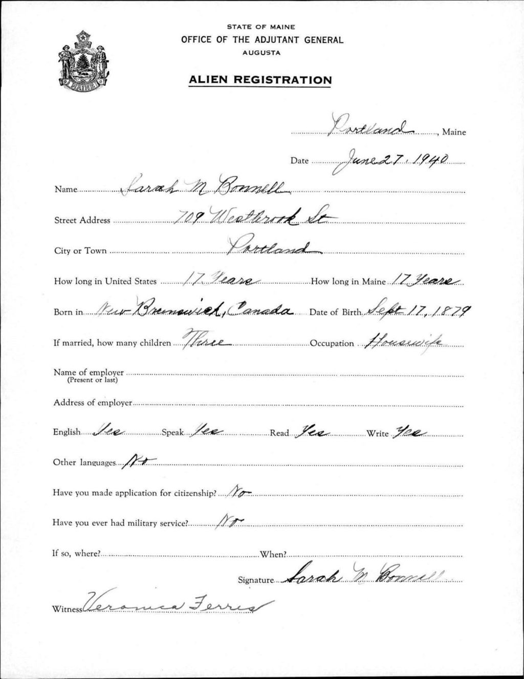 Miniature of Alien Registration- Bonnell, Sarah M. (Portland, Cumberland County)