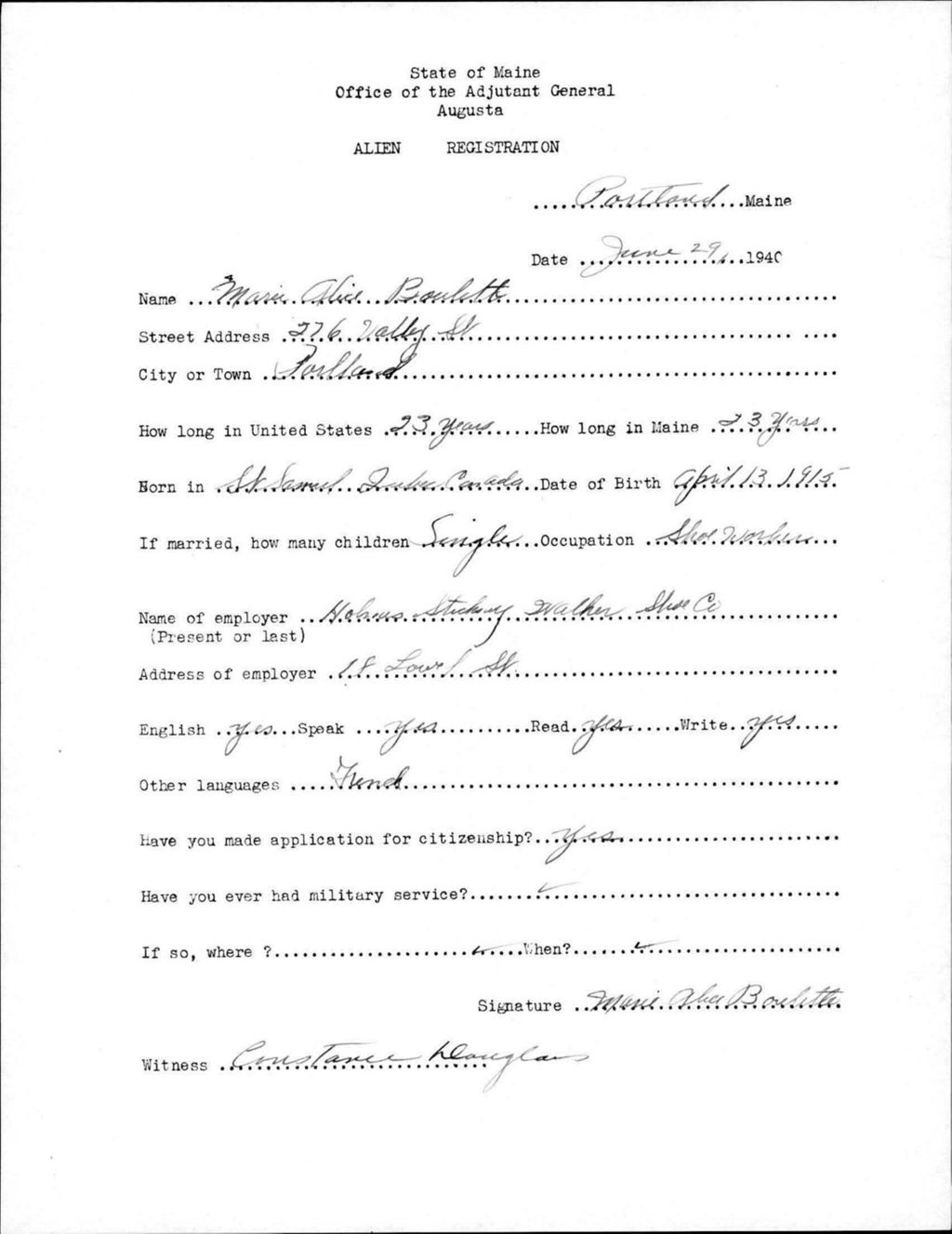 Miniature of Alien Registration- Boulett, Marie A. (Portland, Cumberland County)