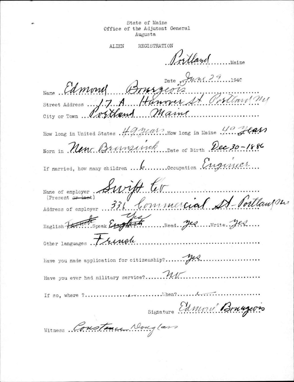 Miniature of Alien Registration- Bourgeois, Edmond (Portland, Cumberland County)