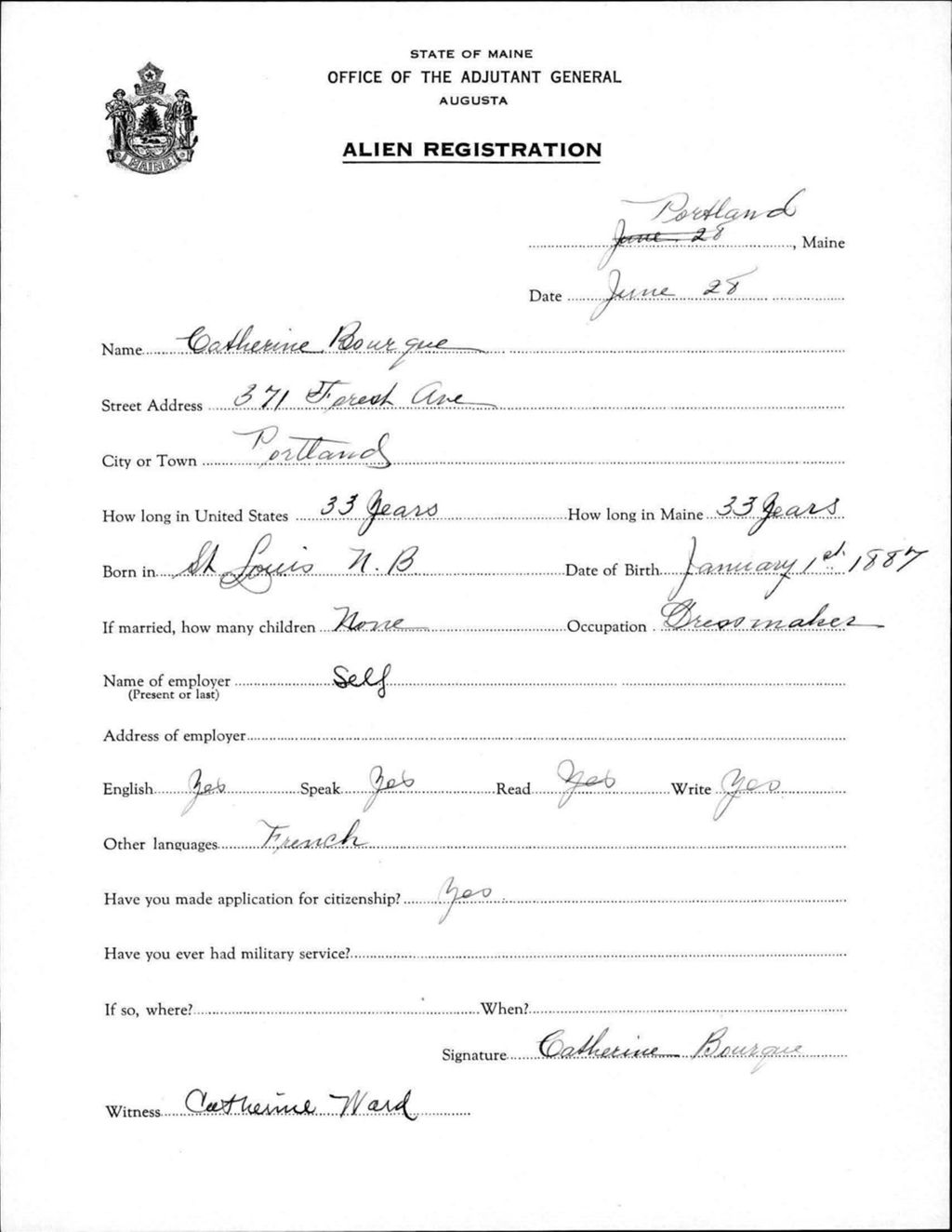 Miniature of Alien Registration- Bourque, Catherine (Portland, Cumberland County)